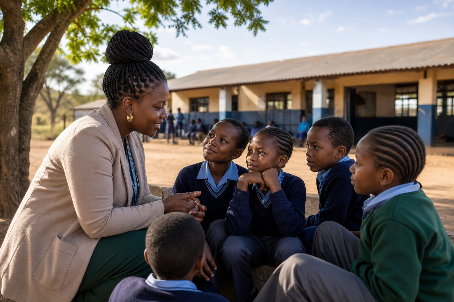 Female social worker speaking with learners at a rural school in Limpopo
