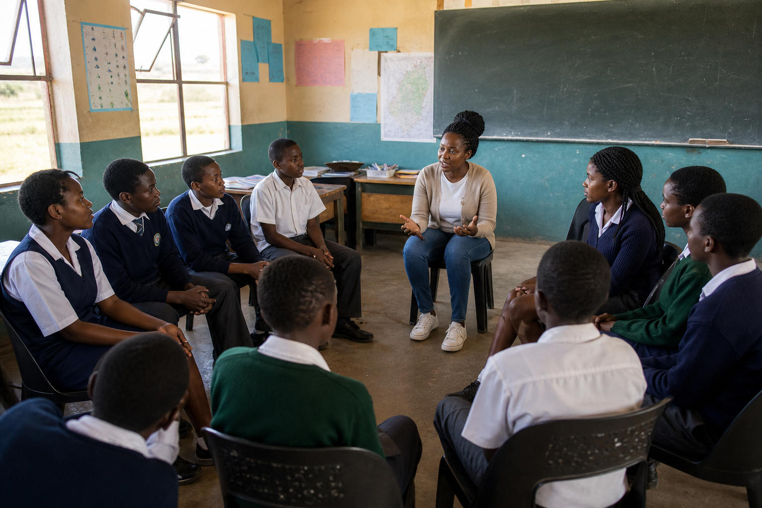 Female social worker facilitating a life-skills workshop in a rural classroom
